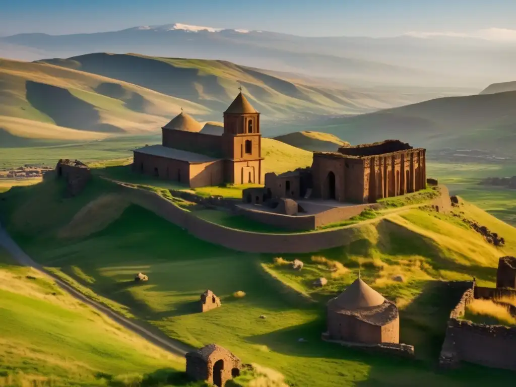 Vista aérea de Ani, ciudad fantasma Armenia, con ruinas de iglesias y paisaje montañoso al amanecer.