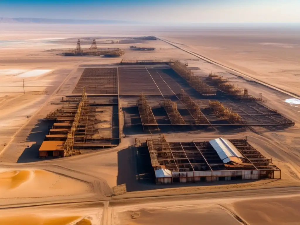 Vista aérea de los secretos salitrera Humberstone Chile, complejo industrial rodeado de desierto, evocando aislamiento e historia.