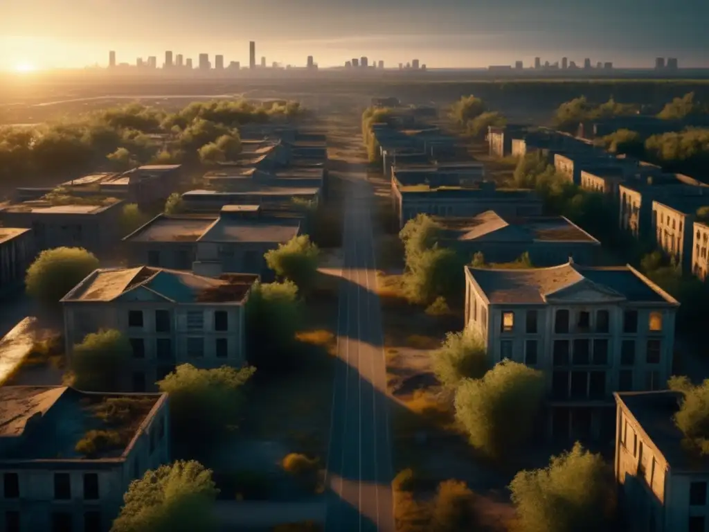 Vista aérea 8k ultradetallada de una ciudad abandonada con calles vacías, edificios en ruinas y vegetación sobrecogedora. <b>Transformación de ciudades fantasma.