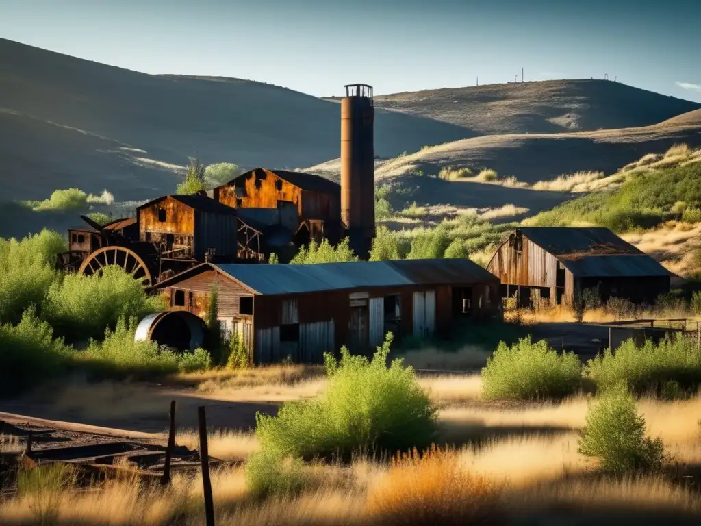 Una vista impactante de una ciudad minera abandonada, con edificios en ruinas cubiertos de vegetación y equipo minero oxidado esparcido por el paisaje. La dramática interacción de luz y sombra captura la atmósfera inquietante del pueblo desolado, evocando nostalgia y desolación. M