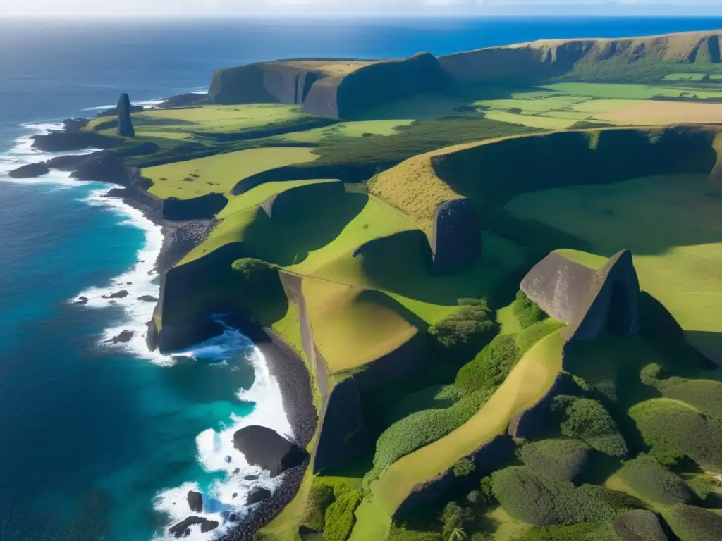 Vista impresionante de la costa de Isla de Pascua, con Moai y paisaje contrastante de vegetación. <b>Evoca historia y resistencia en Chile.