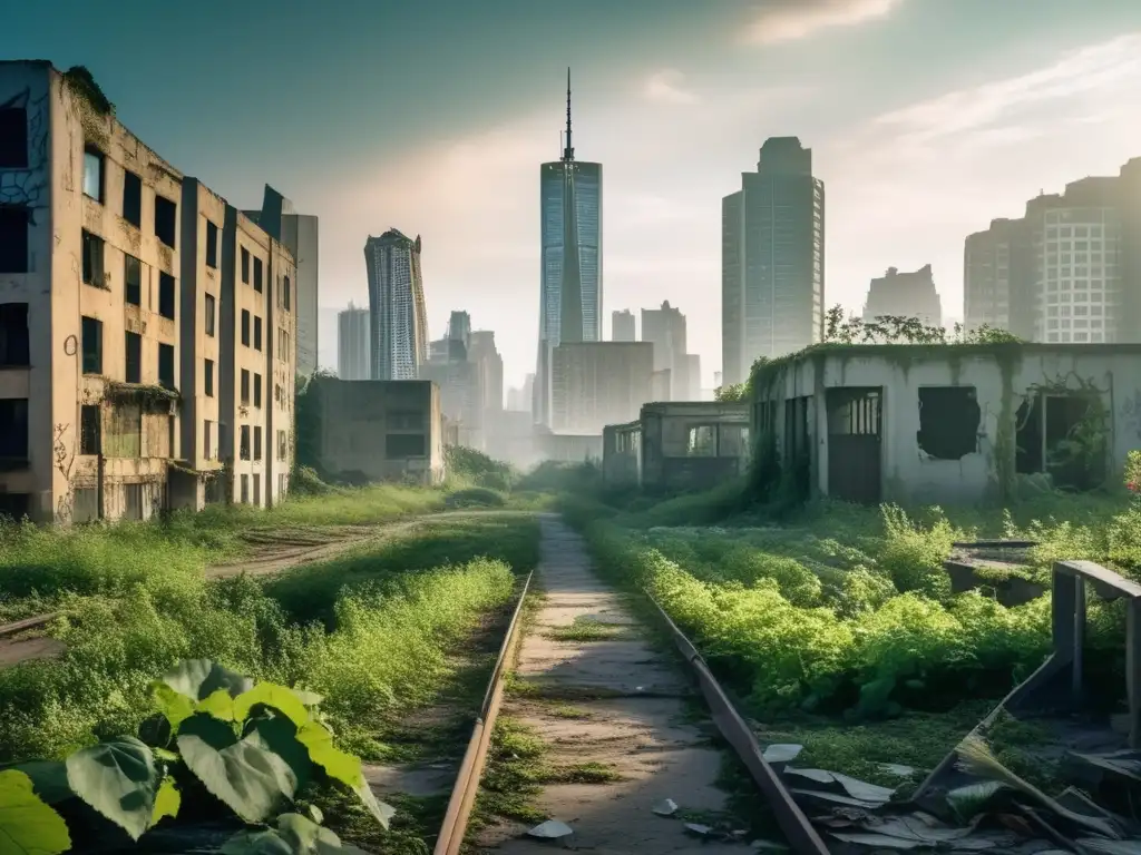 Una vista impresionante de una metrópolis desierta, con rascacielos cubiertos de naturaleza y graffiti, evocando la historia oculta de la ciudad.