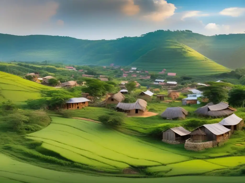 Una vista panorámica de un asentamiento antes abandonado, ahora próspero, con edificios restaurados, espacios comunitarios vibrantes y exuberante vegetación. La imagen muestra la transformación del asentamiento, destacando el éxito de la conservación de asentamientos abandonados. Los edificios restaurados son test