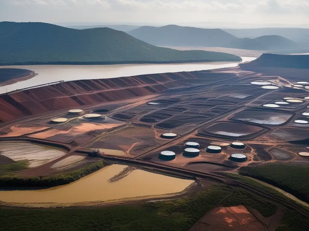 Vista panorámica de las Minas de Cerro de Pasco, Perú, mostrando la red de minas y estructuras industriales, junto con impacto ambiental.