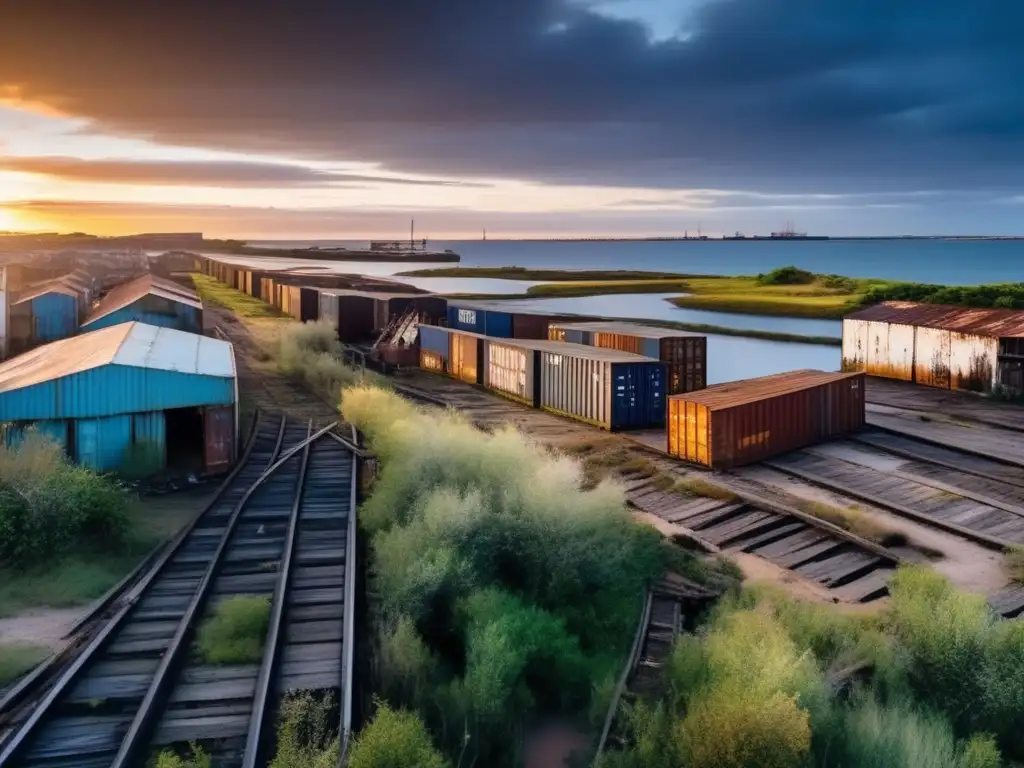 Una vista panorámica de los muelles y almacenes en descomposición de una ciudad portuaria abandonada en Uruguay, con contenedores oxidados y vías de tren cubiertas de maleza. Al fondo, se aprecian los restos esqueléticos de edificios industriales contra un dramático cielo al at