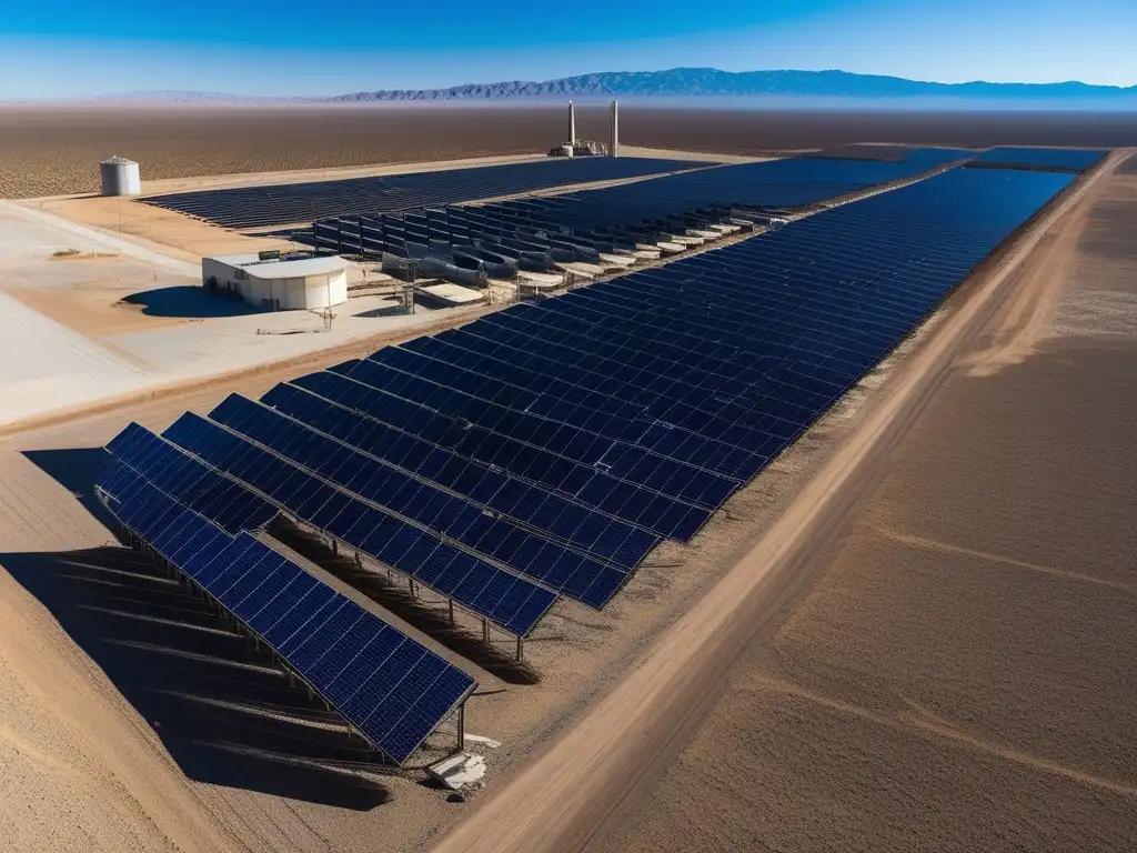 Vista panorámica de la planta de energía solar abandonada Mojave, con paneles solares oxidados en un paisaje desértico.