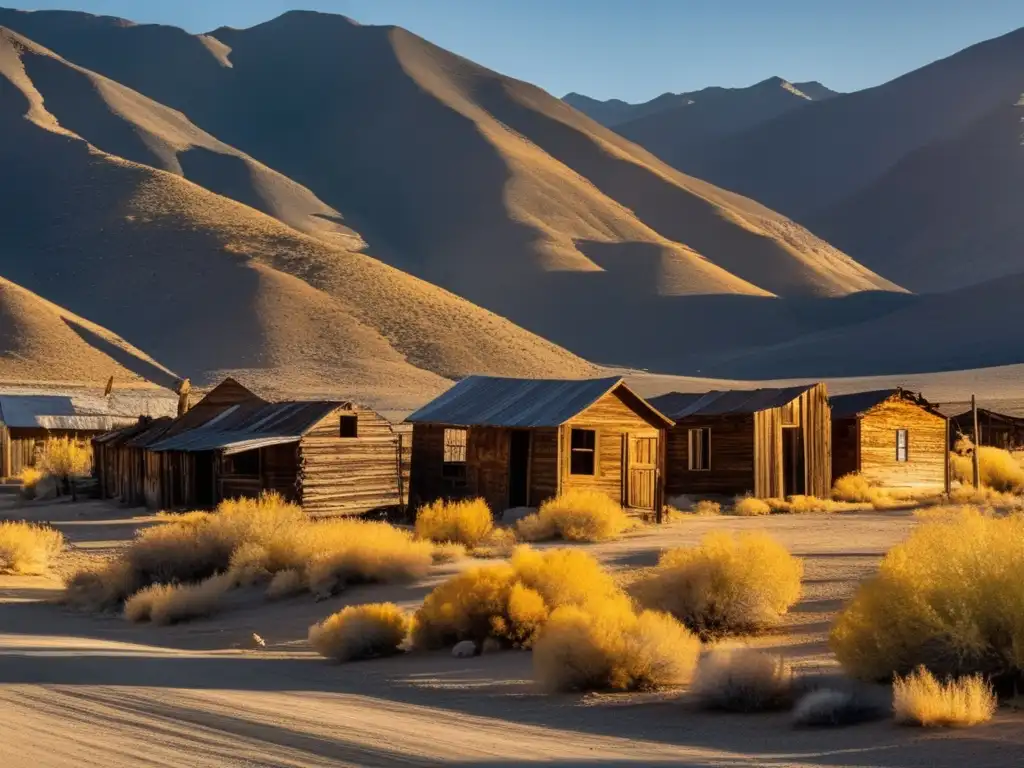 Vista panorámica del pueblo fantasma de Cerro Gordo en California, con edificios abandonados y la imponente Sierra Nevada al fondo.